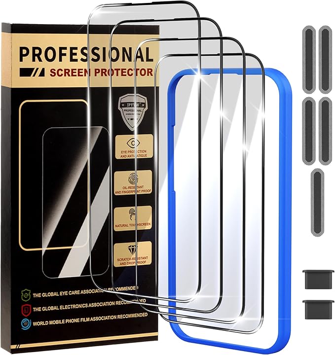 4 Pack for iPhone 15 Pro Screen Protector, Military-Grade Shatterproof, 9H Hardness, Full Coverage Tempered Glass for iPhone 15Pro-6.1 inch with Install Frame