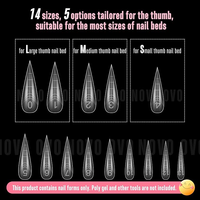 NOVO OVO Extra Long XXL Stiletto Pointed Nail Dual Forms for Polygel Extension, Reusable Full Cover Acrylic/Builder/Hard Gel Poly Gel Molds of Manicure Art for Salon DIY x 14 sizes 280 Pcs