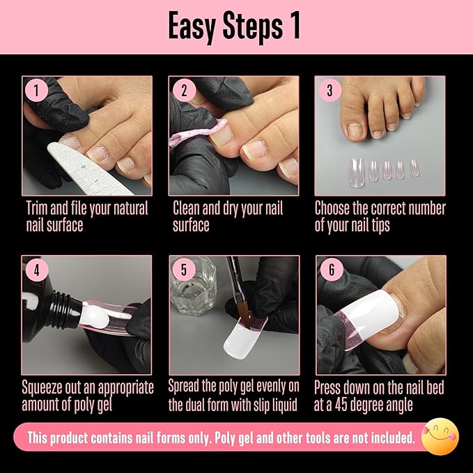 NOVO OVO 300 Pcs Toe Nail Dual Forms for Poly Gel Toenail Extension, PINK, Reusable Molds for Polygel Buider Hard Gel Acrylic French Tip Toenails, for Nail Art Salon Pedicure & DIY at Home 15 sizes