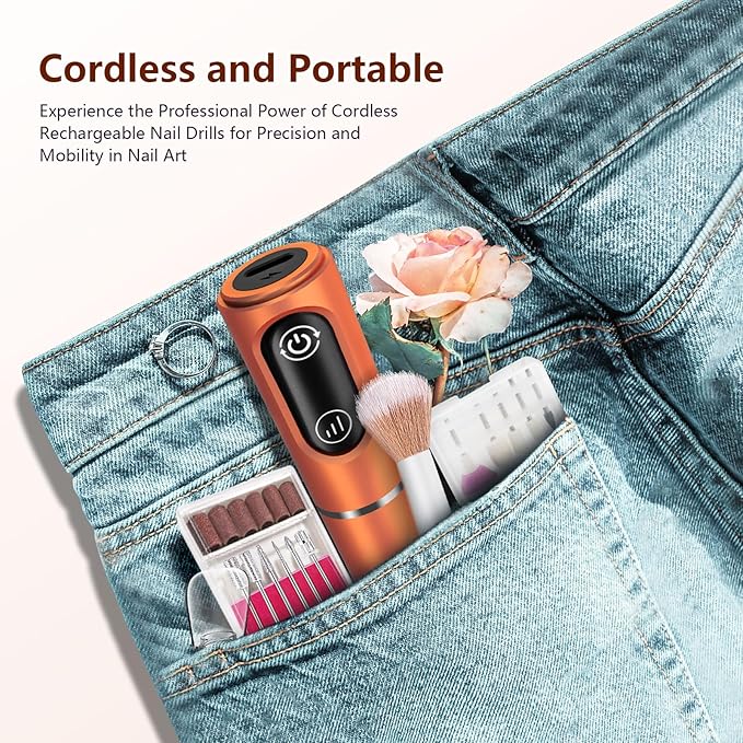 Cordless Nail Drill Electric Rechargeable File Kit, Professional Efile Acrylic Gel Nail Polish Remover Pedicure Manicure Machine Portable Set with 11 Bits 56 Sanding Bands (Orange)