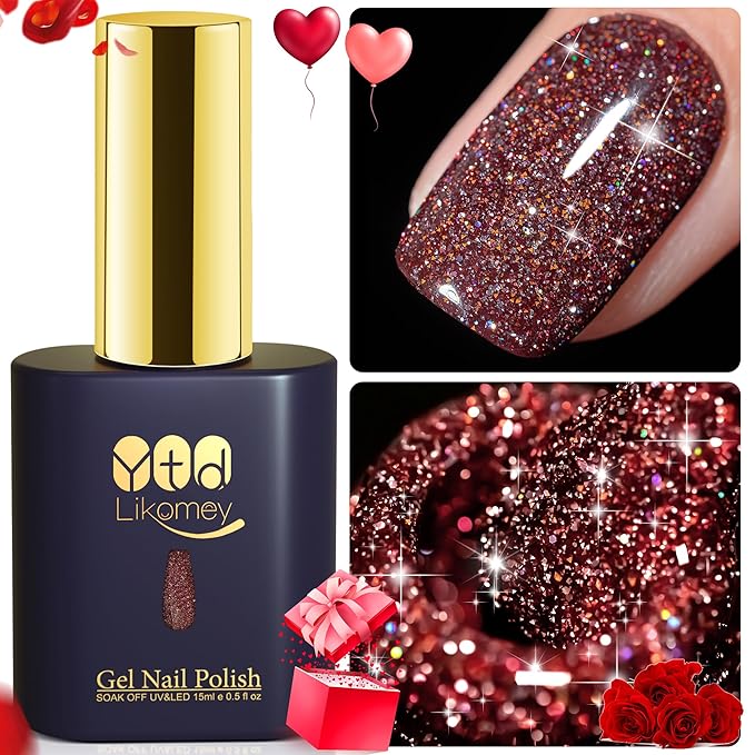 YTD Likomey Gel Nail Polish,15ml Colorful Reflective Glitter Burgundy Flash Diamond Shimmer Gel,Sparkly Shiny Salon Home Nail Art Manicure Dark Cherry Red Fall Winter UV Nail Gel,SZ398