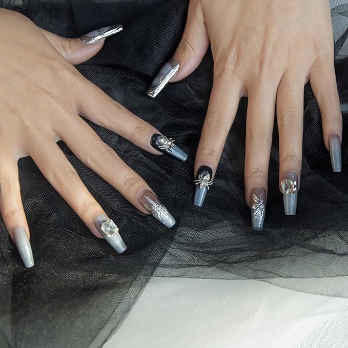 10pcsHandmade Press On Nails Luxury Spider Crystal Design, Reusable Fake Nail, Nail Gift Kit Set with Tools, Long Coffin Glossy Silver Black Rhinestone False Nails for Women(S)