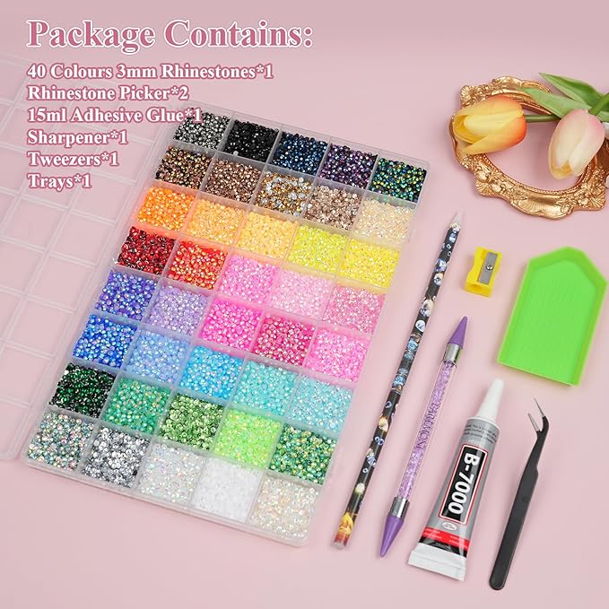 Resin Jelly Rhinestones for Bedazzling, EARLMONI Multi Colord Bedazzler Kit with 15ml B7000 Glue Rhinestone Pen Tool for Clothes Nail Art (40 Colors, 3MM)