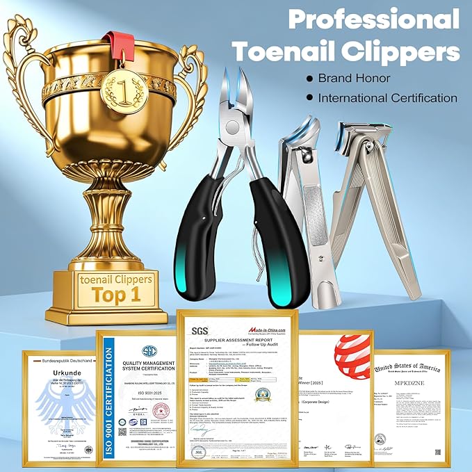8-in-1 Heavy Duty Toenail & Fingernail Clippers for Seniors Men with Thick & Ingrown Nails - Manicure Pedicure Kit with 360° Swivel Head - Professional Wide Jaw Podiatrist Tools