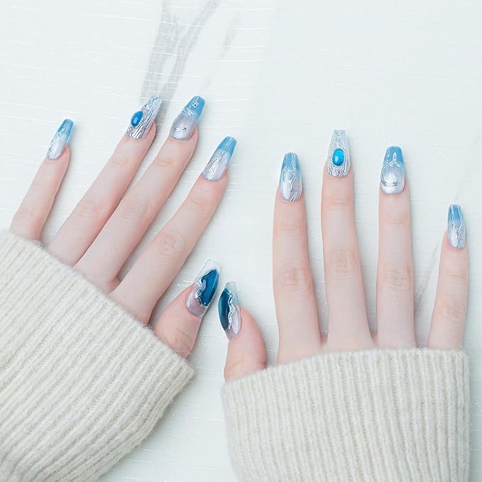 Sun&Beam Nails Handmade Press-on Medium Long Coffin Ballerina Blue Silver White glossy Gradation Hand-Painted Design Fashion False Nail Tips 10 Pcs Set (#201 S)