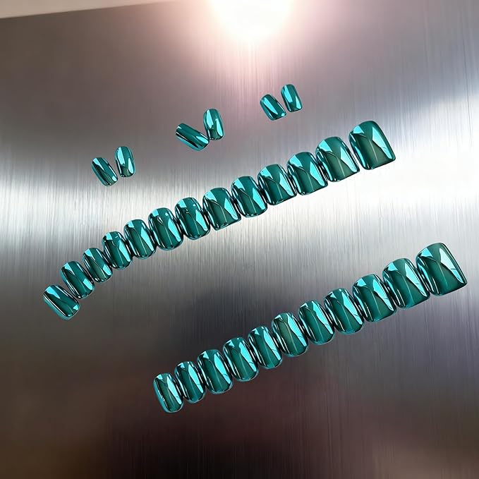 Chrome Press on Nails Short Square, Metallic Teal Green Fake Nails with a Sparkle Mirror Finish, Glitter Glue on Nails for Women Birthday Party, Thick Quality Soft Gel Nail Press ons 30 Pcs