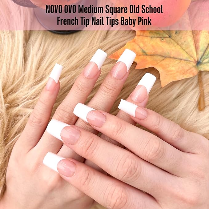 NOVO OVO Old School Wide White French Tip Nail Tips Press on, Medium Length Tapered Square BABY PINK, Extra Thick Soft Gel Fake Acrylic Extension, Need Builder Gel, Top Coat, Glue 15 Sizes 240 pcs