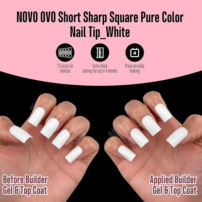 NOVO OVO Short Sharp Square Nail Tips Press on Pure Color White, Need Builder Gel Top Coat Nail Glue, Soft Gel Matte Fake Nail Extension, Full Cover False Nails for Salon DIY x 15 Sizes 180 pcs