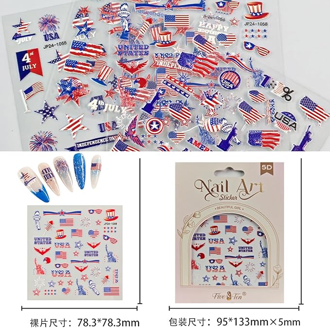 4th of July Nail Art Stickers Set 5D Embossed Red Blue USA Flag Nail Decals 4PCS Five-Pointed Star America UK Flags Design Independence Day Nail Adhesive Stickers for DIY Nail Art Decorations