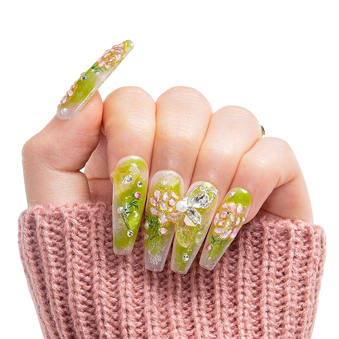 LOVFUL Press on Nails Seraphina's Garden | Handmade with Full Covered Crystals | Reusable Full Cover Nails | Coffin Classic Regular 1.3 in | H460-L