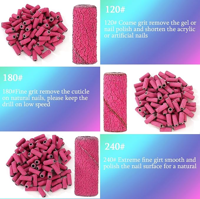 100pcs Nail Drill Bits Small Sanding Bands with 3.1mm Mandrel Bit, 240 Extra Fine Grit Nail File Sanding Bands for Acrylic Nails Gel Removing Shaping Manicures and Pedicure (Rose Red, 240 Grit)