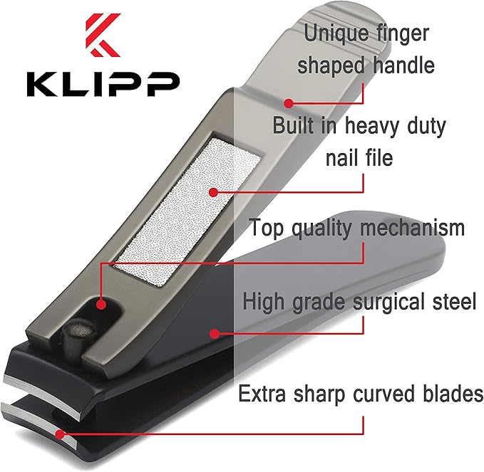 Nail Clipper Set for Men and Women, KLIPP Arched Zinc Alloy Nail Clippers with Built in Fingernail Files on Non-Slip Levers – Trim and Shape Finger and Toe Nails with Travel Nail Care Kit