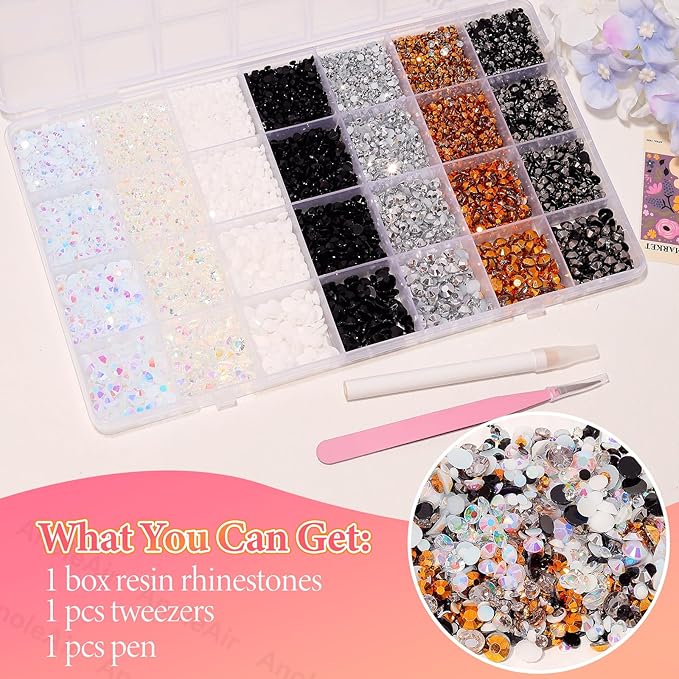 22000Pcs Rhinestones for Bedazzling, Jelly Bedazzling Resin Gems 3-5mm, Black White Silver Gems Bedazzling Kit for Crafting, Flatback Color Black Gold AB Gems for Nails Face Makeup Crafts Tumblers