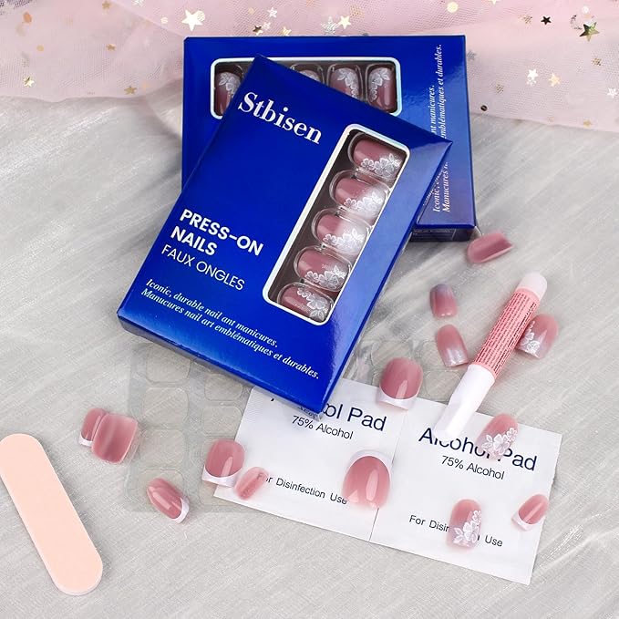 Short Square Press On Nails White Nude Gradient False Nails with White Silver Flowers Acrylic Press in Nails Gel Stick On Nails Set Glue on Nail for Women & Girls 24Pcs