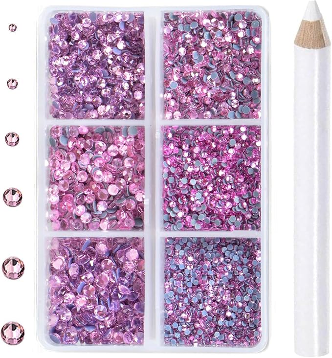 8000pcs Hotfix Rhinestones Flatback,Rhinestones for Crafts Clothes Mixed 6 Sizes, Hotfix Crystals with Wax Pencil Kit, SS3-SS12,Lt. Rose