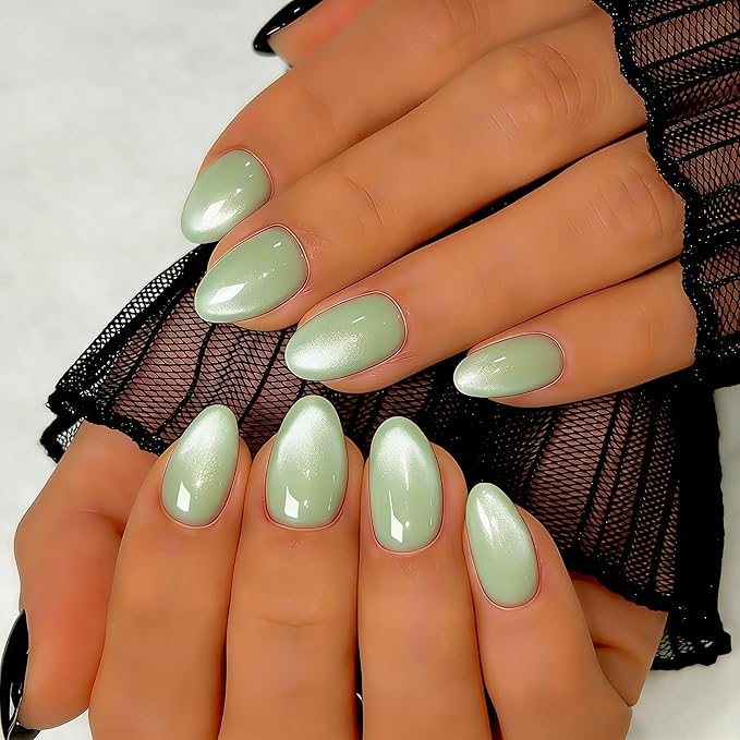 Cat Eye Press on Nails Short, Chrome Press on Nails Oval, Thick Glazed Pastel Green Fake Nails Press ons for Women, Reusable Magnet Bling Glitter Glue On Nails Almond in 15 Sizes, Matcha 30 Pcs