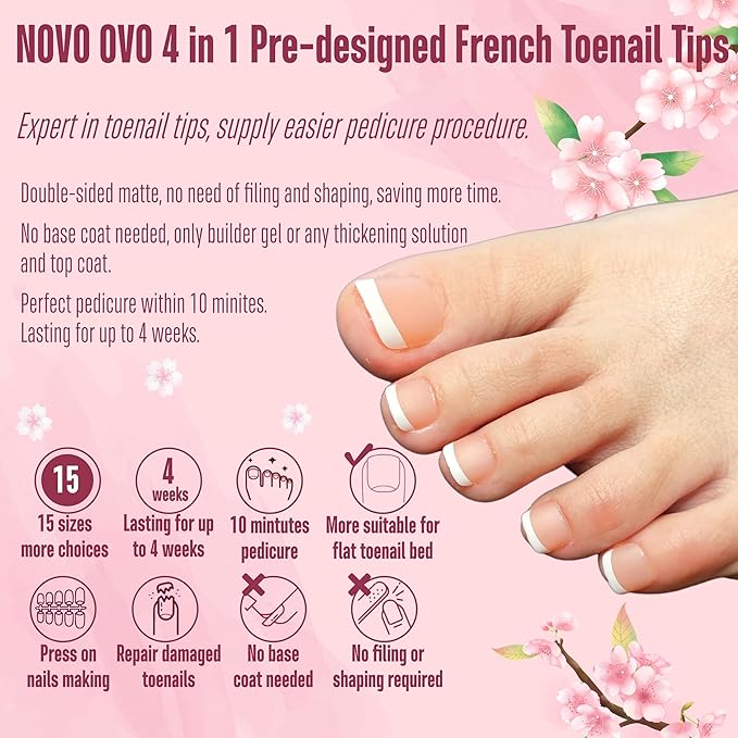 NOVO OVO Fake Toe Nail Tips Press on, French Tip Soft Gel Toenail Extension, ORANGE PINK Square Round Pre-applied Tip Primer & Base Coat, Full Cover Matte False Nails for DIY x 15 Sizes 360Pcs