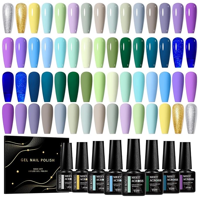 MEET ACROSS 30 PCS Gel Nail Polish Set, Purple Blue Green Gold Silver Yellow Nail Polish Kit Sage Forest Emerald Green Navy Lavender Soak Off Nail Art Salon DIY Gift Women