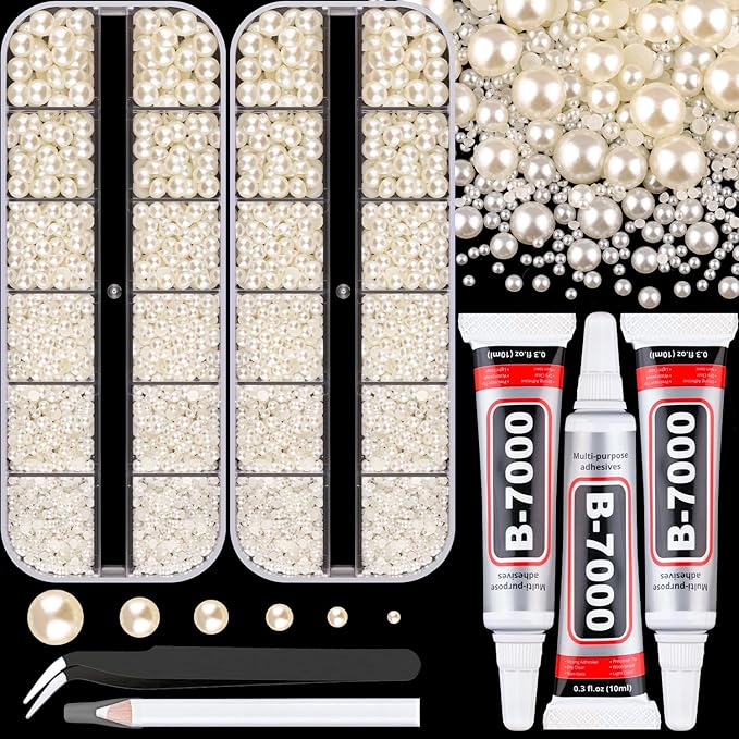 Flatback Pearls for Crafting with 3Pcs 10ml B7000 Jewelry Glue, 2 Boxes of Half Round Beige Pearls, Bedazzling Beads for DIY Crafts Clothing Tumblers Shoes Embellishment Nail Art