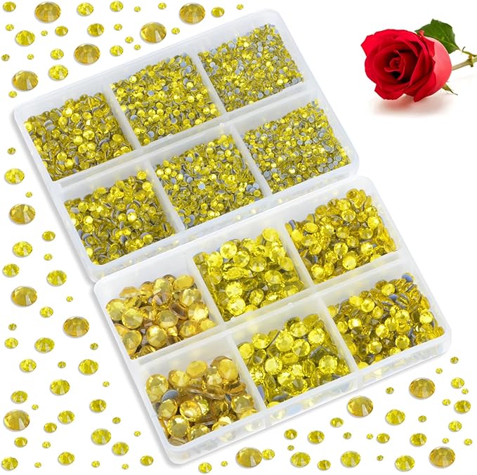Bymitel Hotfix Crystal Rhinestones Round Gems for Crafts,Mixed 6 Sizes with Wax Pencil Kit, Citrine 1.6-6.3mm SS4-SS30/8000pcs