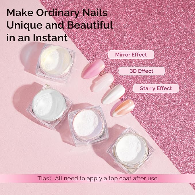 MelodySusie 4Pcs Chrome Nail Powder for Gel Nails, Aurora Fine Glitter Powder Mirror Effect Pigment Pearlescent Mermaid Pigment Pearl Glitter for Home DIY Salon Use