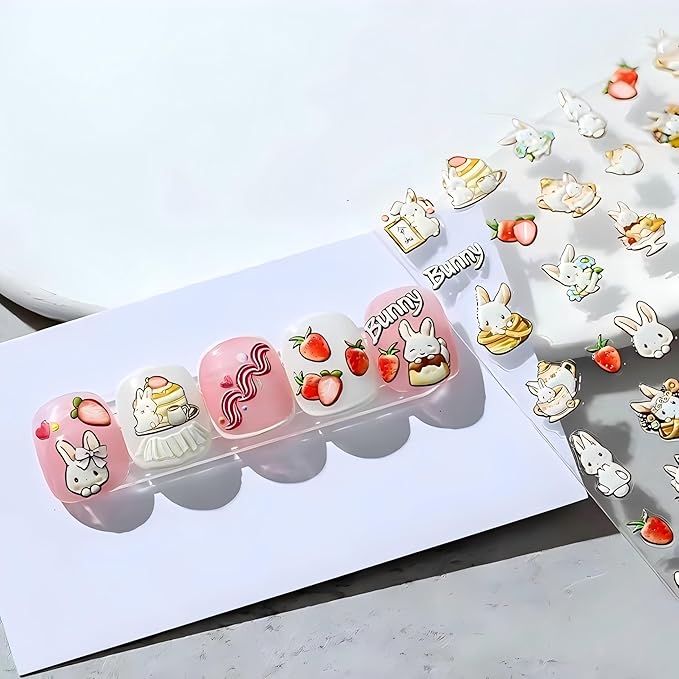 Dedyel Cute Nail Stickers 5D Embossed Cartoon Kawaii Animal Self-Adhesive Nail Decals for Women Girls Kids Nail Art Decoration