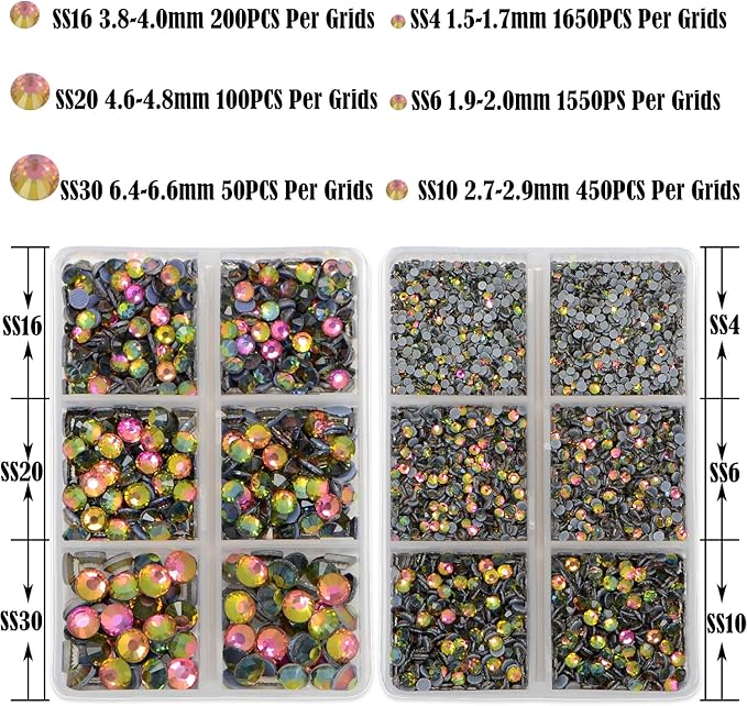 NCB Hotfix Iron on 8000pcs Crystal Rhinestones Round Gem for Crafts Decoration DIY Jewelry Making with a Tweezers and 2 Picking pens (Vitrail Medium, 6Sizes SS4-SS30)