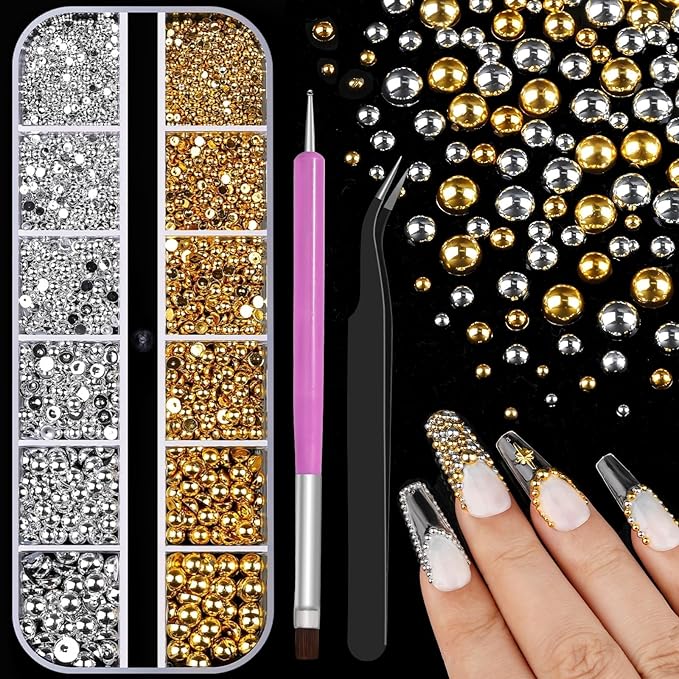 Gold and Silver Nail Charms and Gems, 1.5-5mm Half Round Flatback Nail Pearls Ball Beads Silver Gold Pearls for Nails with Pickup Pencil and Tweezers (12-K1-half-pearls-gold-silver)