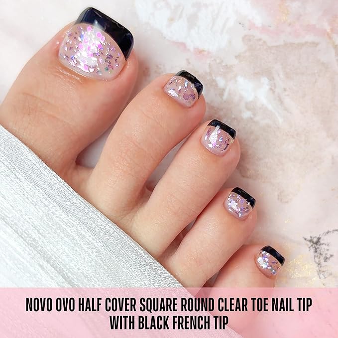 NOVO OVO Half-Cover Toe Nail Tips Black French, Round Soft Gel False Toenails with Alignment Guide Lines, Pre-Designed Clear Faux Toes for DIY Pedicure Extension, 240Pcs 15 Sizes (Flexible PMMA)