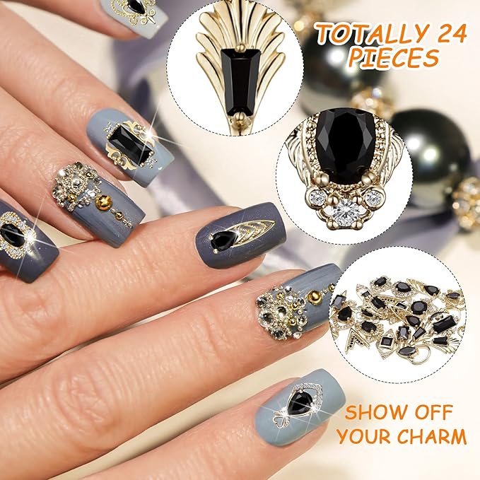 Leelosp 24 Pieces 3D Nail Charms Gold Luxury Black Rhinestones Nail Charms for Acrylic Nails Black Zircon Jewels Crystals Rhinestones with Storage Box for DIY Craft Art