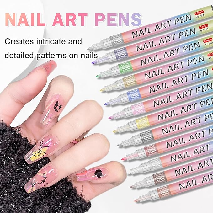 Nail Art Pens Set 3D Nail Polish Pens Acrylic Paint Nail Drawing Liner Graffiti Dotting Nail Art Pen Kit Tools for Professional Nail Art Design(12 Colors)