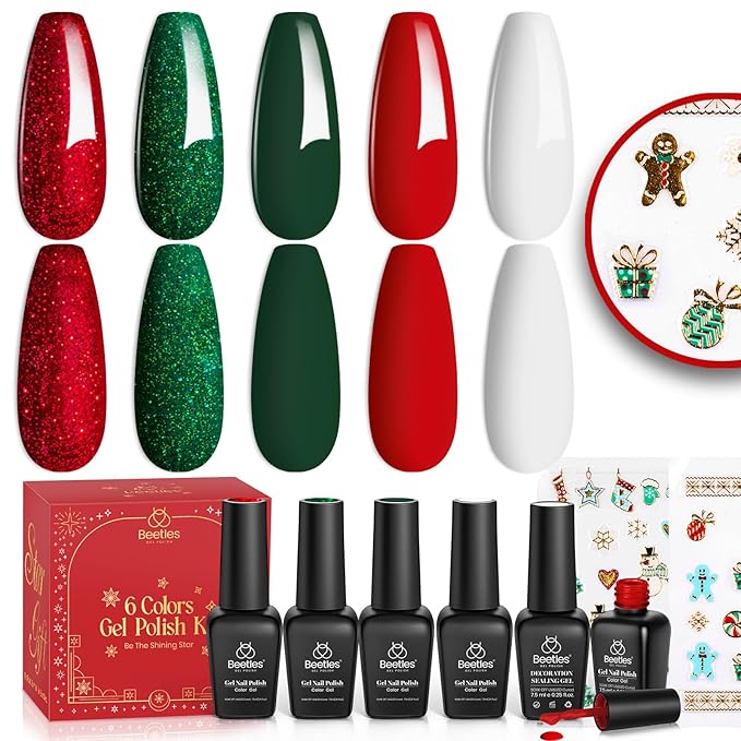beetles Gel Polish Set - Eif Collection, Sparkle Red Green Glitter Gel Polish Kit Soak Off UV LED Gel Nail Kit with Nail Strengthener Gel Sticker Gift for Women