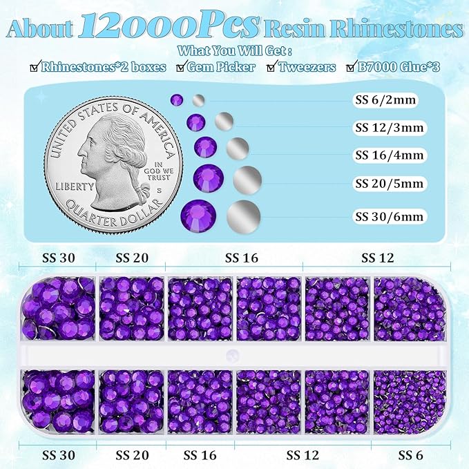 12000Pcs Resin Rhinestones for Bedazzling with 3Pcs B7000 Jewelry Glue, 2 Boxes Dark Purple Flatback Rhinestones for Crafting Crafts DIY, Crystals Gems for Clothing Shoes Tumblers Nail Art Makeup