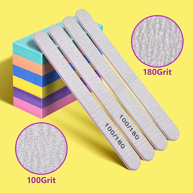 Nail Files and Buffers Set with 6 pcs Rectangular Buffers and 6 pcs White 100 180 Grit Files, Professional Nail Care Tools Kit for Women and Girls