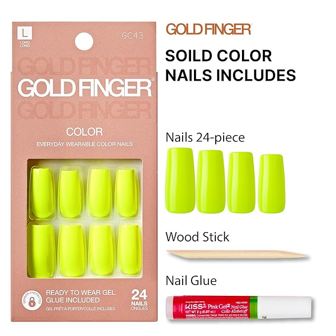 GoldFinger False Nails Kit, Ready to Wear Neon Yellow Fake Nails, Manicure Stick and Glue Included, Long Square Shape, Long-Lasting Hottest Trend Glue on Nails