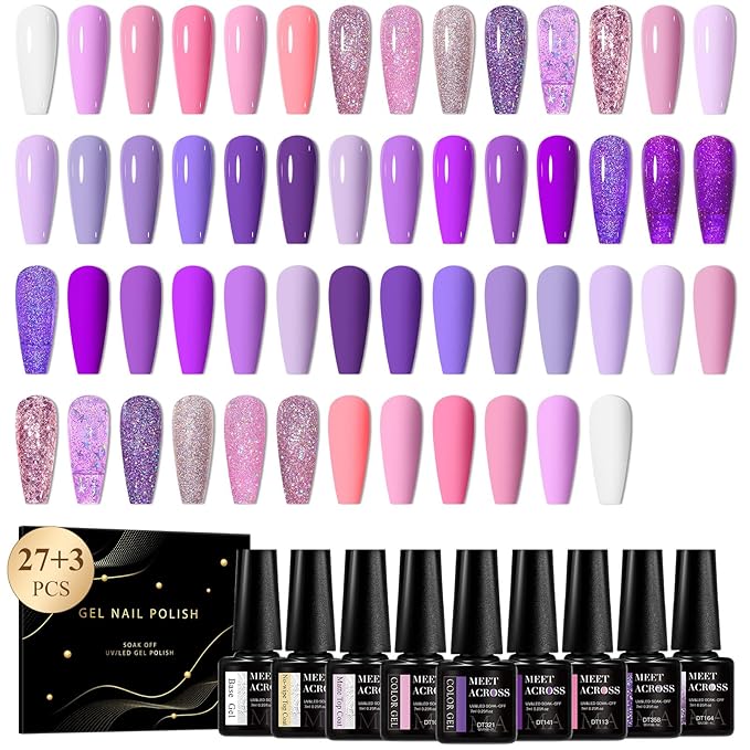 MEET ACROSS Gel Nail Polish Set,Gel Nail Kit Art Design Soak Off UV LED,Nail Art Design Gifts for Women (Set-8, 30PCS)