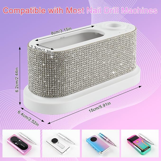 ANGNYA Nail Drill Machine Holder with White Rhinestones, 8 Holes Nail Drill Bit Holder, Nail Efile Stand and Organizer Storage Box Case