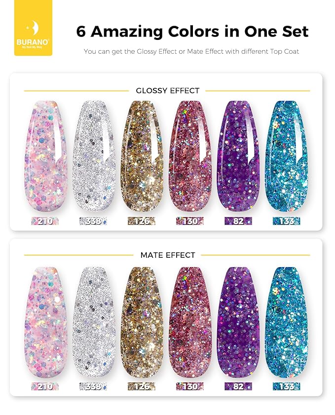 BURANO Poly Extension Gel Nail Kit, 6 Colors Nail Poly Nails Builder Gel Set for Beginner & Professional Using, DIY Starter Kit Nail Art Gift (Sparkle)