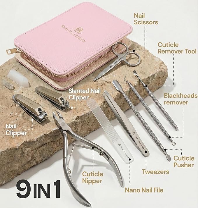 9 in 1 Professional Manicure Pedicure Set - Stainless Steel Nail Clippers, Nano File, Cuticle Nipper, Scissors, Tweezers, Travel PU Leather Case for Men & Women - Valentine's Gift Idea