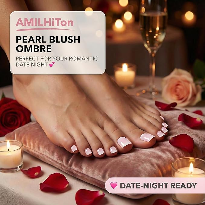 Pearl Blush Ombre French Tip Toe Nail Press Ons, 150PCS Square Full Cover Soft Gel Toe Nail Tips, 15 Sizes for Wide Toenail Beds, Pre-Shaped for DIY French Pedicure & Salon