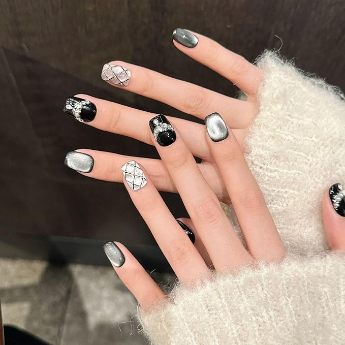 Short Square Press on Nails - Handmade Manicure Art Reusable False Nails 10pcs with Solid Nail Glue, Nail Adhesive Tabs, Strong Nail Glue (2777 Small)