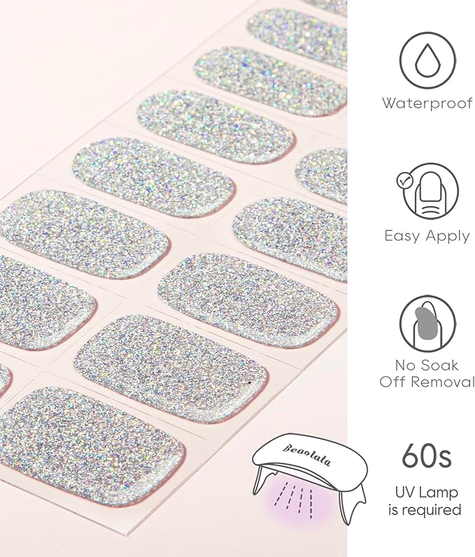 Semi Cured Gel Nail Strips - UV Light Gel Nail Stickers - 20 Long Lasting Salon Quality Wraps (Silver Queen of Frosting)