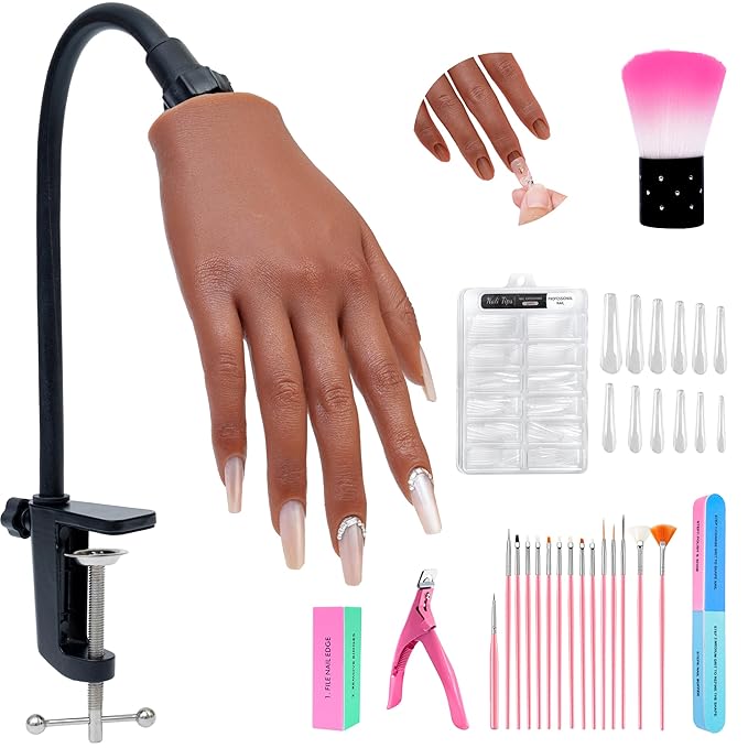 Practice Hand for Acrylic Nails, Realistic Silicone Training Hand with Flexible Fingers for Nail Art Practice,Professional Mannequin Hand Model Kit for Gel Polish