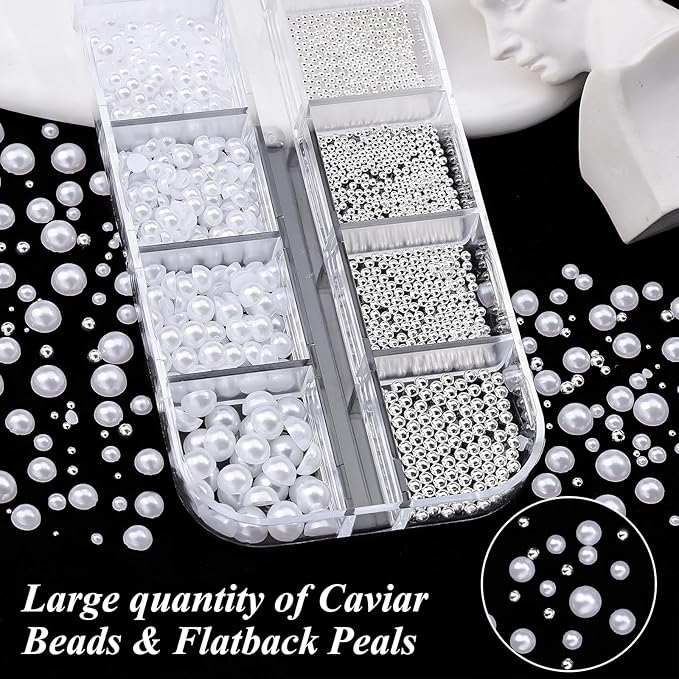3D Mini Small Caviar Nail Beads Balls, 0.7-2mm Silver Nail Art Beads 1.5-5mm White Nail Pearls Half Round Flatback Pearl Nail Charms with Pickup Tools for Nails Face Eyes Makeup(31-K1-4)