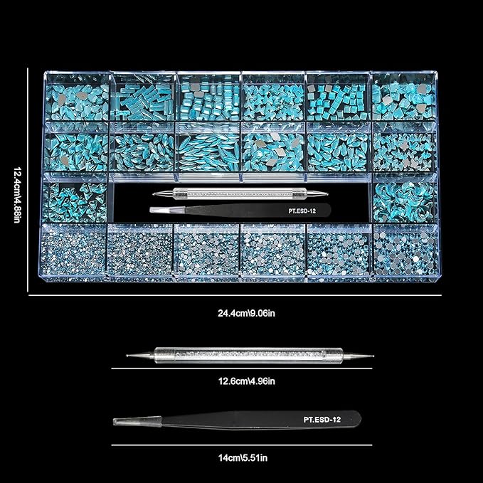 14 Types of 700 Lake Blue Diamonds + 2100 Flat Rhinestones Mix 20 Styles Flatback DIY Crafts Rhinestone Crystals 3D Ornament‌s Flat Back Stones Set + Tweezers + Drill Pen