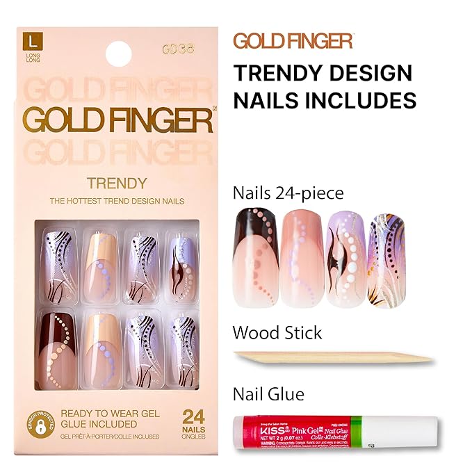 Goldfinger Trendy False Nails Kit, Long Squoval Design Nail, Playful Simple Artistic Sheer Nude Print, Ready to Wear Gel & Manicure Stick Included, Long-Lasting Convenient & Easy to Apply