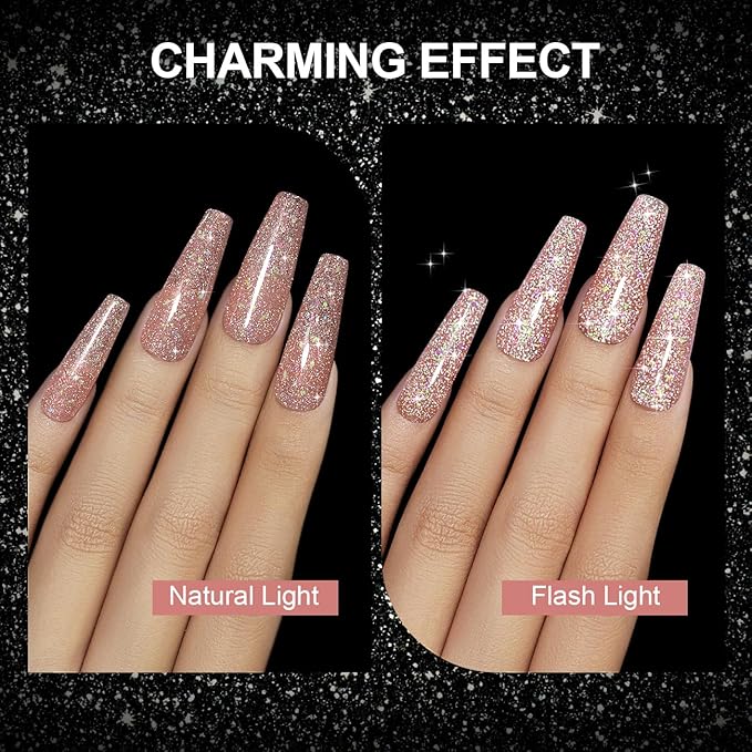 RARJSM Reflective Glitter Gel Polish Rose Gold Disco Shimmer Sparkling Glitter Iridescent Sparkly Shiny Gel Polish Holographic Gelpolish Soak off U V/L E D Nail Art Varnish for Salon DIY at Home