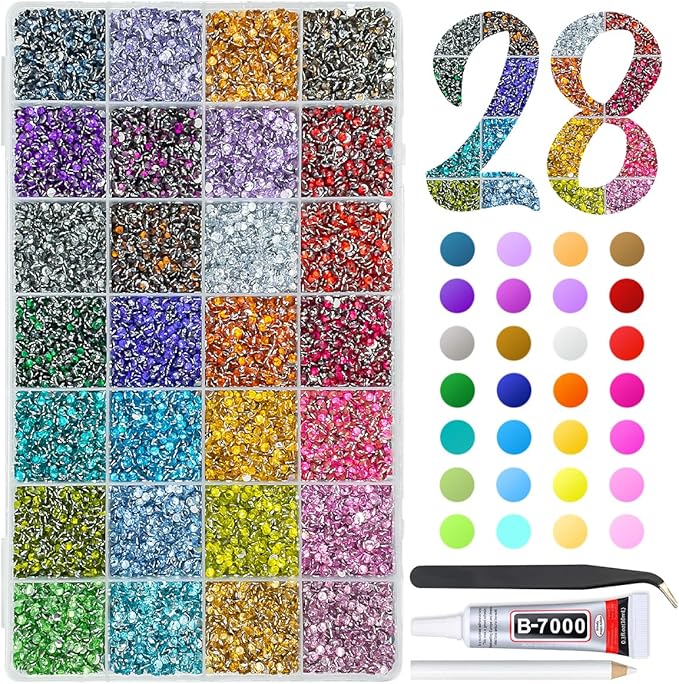 28 Color 3mm Crystal Resin Rhinestones w B7000 Glue for Bedazzling Crafting SS10 Flatback Colorful Stones Crystals Gems Diamonds Bedaazler Kit for Nails Eyes Face Makeup Tumblers Bottles Crafts