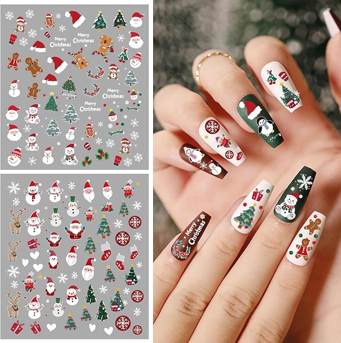 9 Sheets Christmas Nail Art Stickers, Embroidery Nail Sticker Decals for Girl Women, Xmas Tree Santa Claus Nail Stickers for Nail Art Kids Christmas Stocking Stuffers Gifts Decoration Self-Adhesive