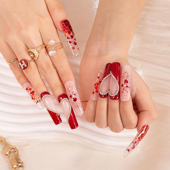 LOVFUL Press on Nails Love Day Exclusive | Handmade with Full Covered Crystals | Reusable Full Cover Nails | Square Mid length 1.7 in | H154-M